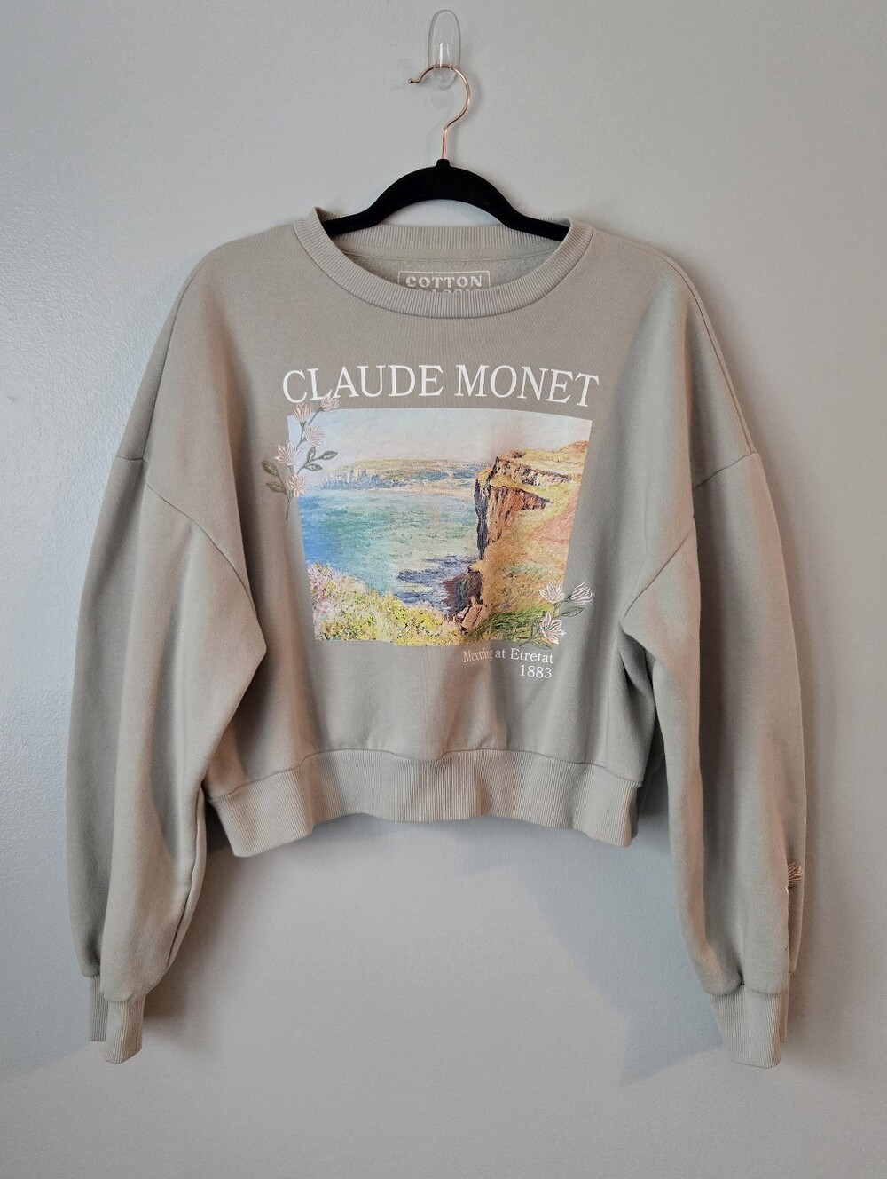 Cotton Classic Claude Monet Art Sweatshirt XL Sage Green Cropped Embroidered